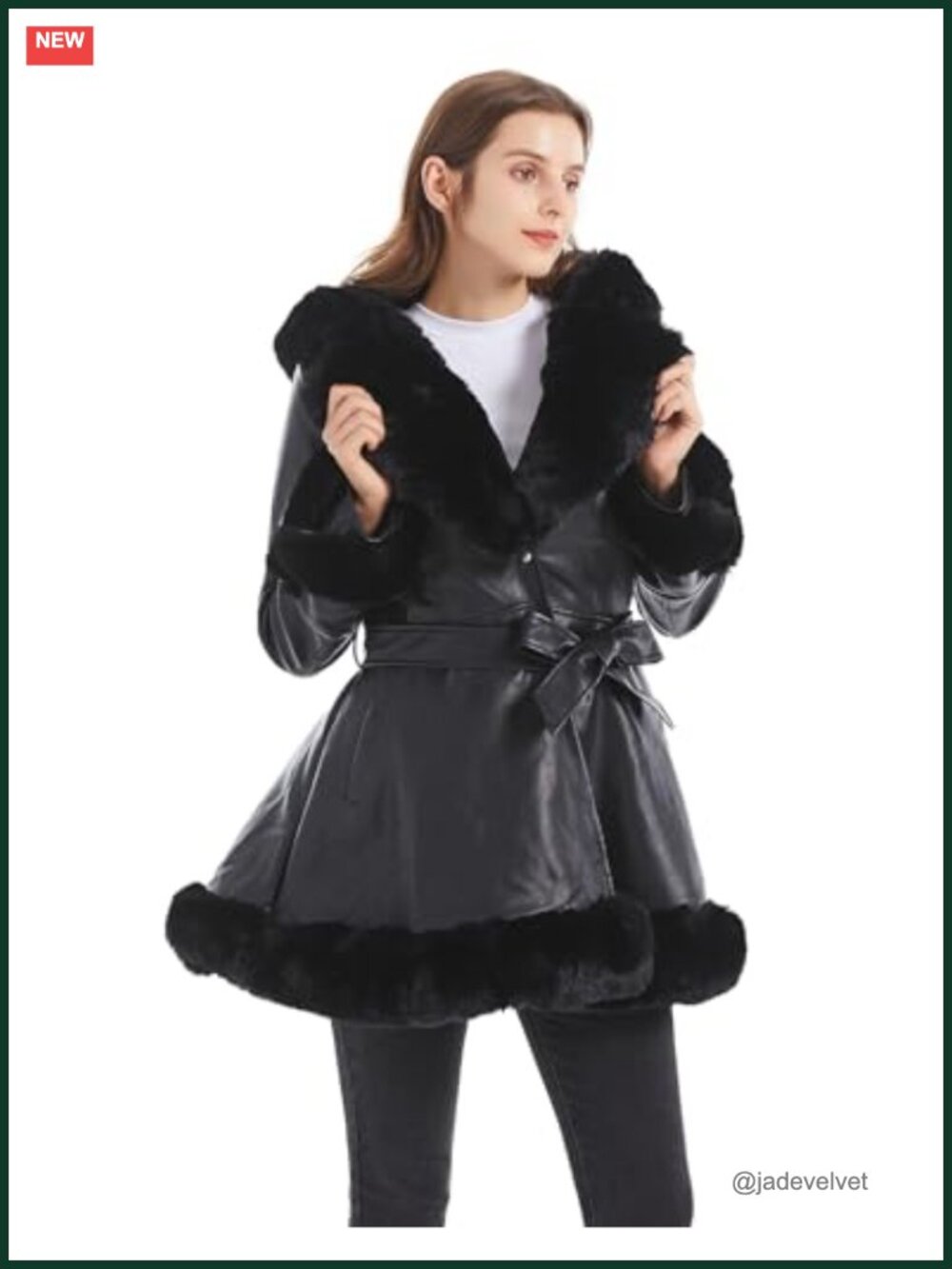 Womens Faux Fur Leather Coat Mid Length Fitted Winter Jacket